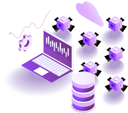Cloud computing illustration with laptop, servers, and data storage.