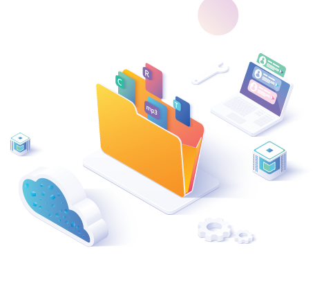 Isometric illustration representing Azure Stack Hub, depicting a central data folder with labeled sections, a stylized cloud signifying Azure services, a laptop interface for managing hybrid resources, modular cubes with digital icons representing on-premises infrastructure components, and tools like gears and a wrench symbolizing configuration and management within a hybrid cloud environment.