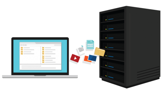 Illustration depicting a "Hosted Dedicated Exchange Server." A laptop displays a user interface, with data icons (document, video, folder) transferring to a physical rack server. This suggests a dedicated server environment remotely managed for email and data storage.