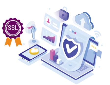 Isometric illustration representing "SSL Certificates" and potentially broader "Cyber Security." A laptop displays a webpage secured with a shield and checkmark, suggesting HTTPS protection. A smartphone shows a cloud icon, hinting at secure mobile access. An SSL certificate badge is prominently displayed, along with abstract data flow, user profile, briefcase (representing data), and cloud upload icons, all contributing to the theme of secure online data transmission and cyber security measures.