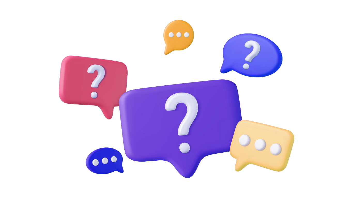 FAQ Illustration for "FAQ," featuring several colorful speech bubbles, each containing a question mark, visually representing frequently asked questions and answers.