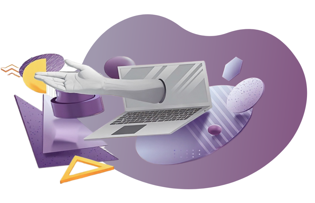 Abstract illustration for a "website builder page." A stylized hand emerges from a laptop screen, gesturing towards a semi-circular chart. Geometric shapes in shades of purple, yellow, and white float around the laptop, creating a modern and dynamic feel, representing the customizable elements and design flexibility of a website builder.